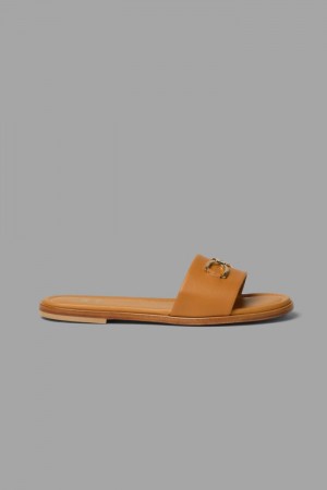 La Martina Leather With Brass Detail Women Slides Brown | ZZJ-0860