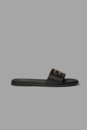 La Martina Leather With Brass Detail Women Slides Black | VNA-9580