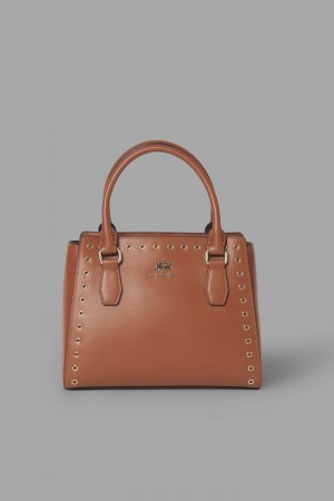 La Martina Round Stud-embellished Leather Women Bags Brown | FNX-7343
