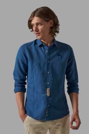 La Martina Slim-fit Linen-blend Men Shirts Blue | BHK-4417