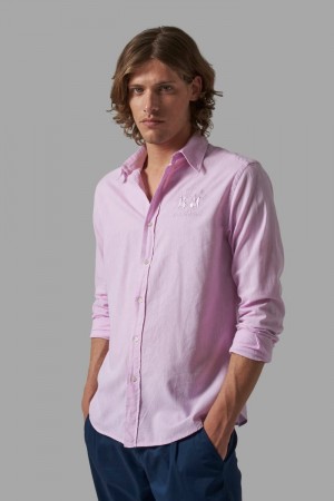 La Martina Slim-fit Linen-blend Men Shirts Purple | HDB-1617