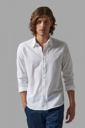 La Martina Slim-fit Linen-blend Men Shirts White | UMX-6365