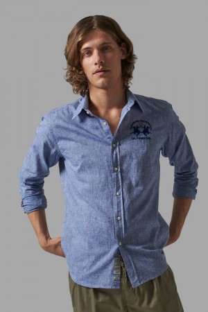 La Martina Slim-fit Linen-blend Men Shirts Navy | BEM-5932