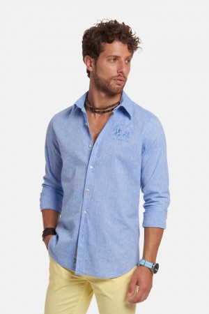 La Martina Slim-fit Linen-blend Men Shirts Blue | PLR-2534