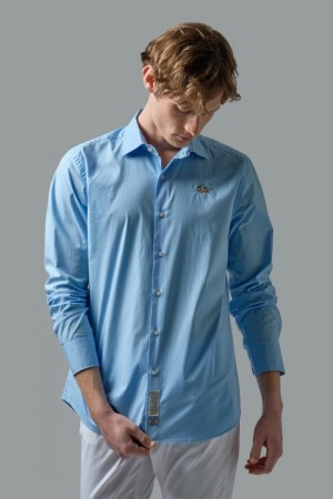 La Martina Slim-fit Stretch Cotton Men Shirts Blue | IZK-9006