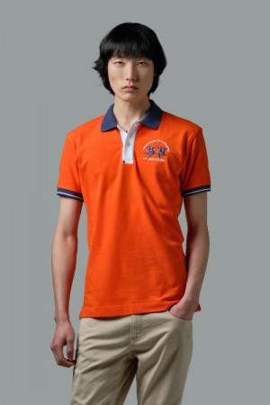 La Martina Slim-fit Stretch Piqué Men Polo Shirt Red Orange | JTO-7452
