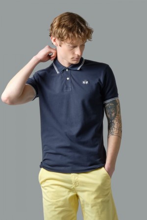 La Martina Slim-fit Stretch Piqué Men Polo Shirt Navy | EVW-9700