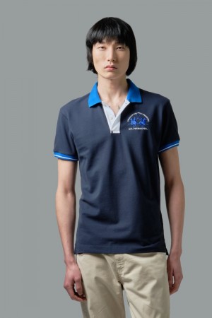 La Martina Slim-fit Stretch Piqué Men Polo Shirt Navy | OID-2035