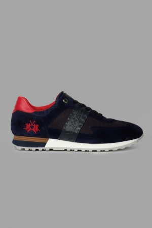 La Martina Suede Detail-embellished Leather Men Sneakers Navy | RJM-6467