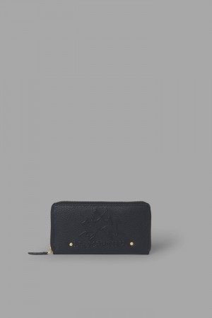 La Martina Zip-around Leather Women Purses Black | LXI-6482